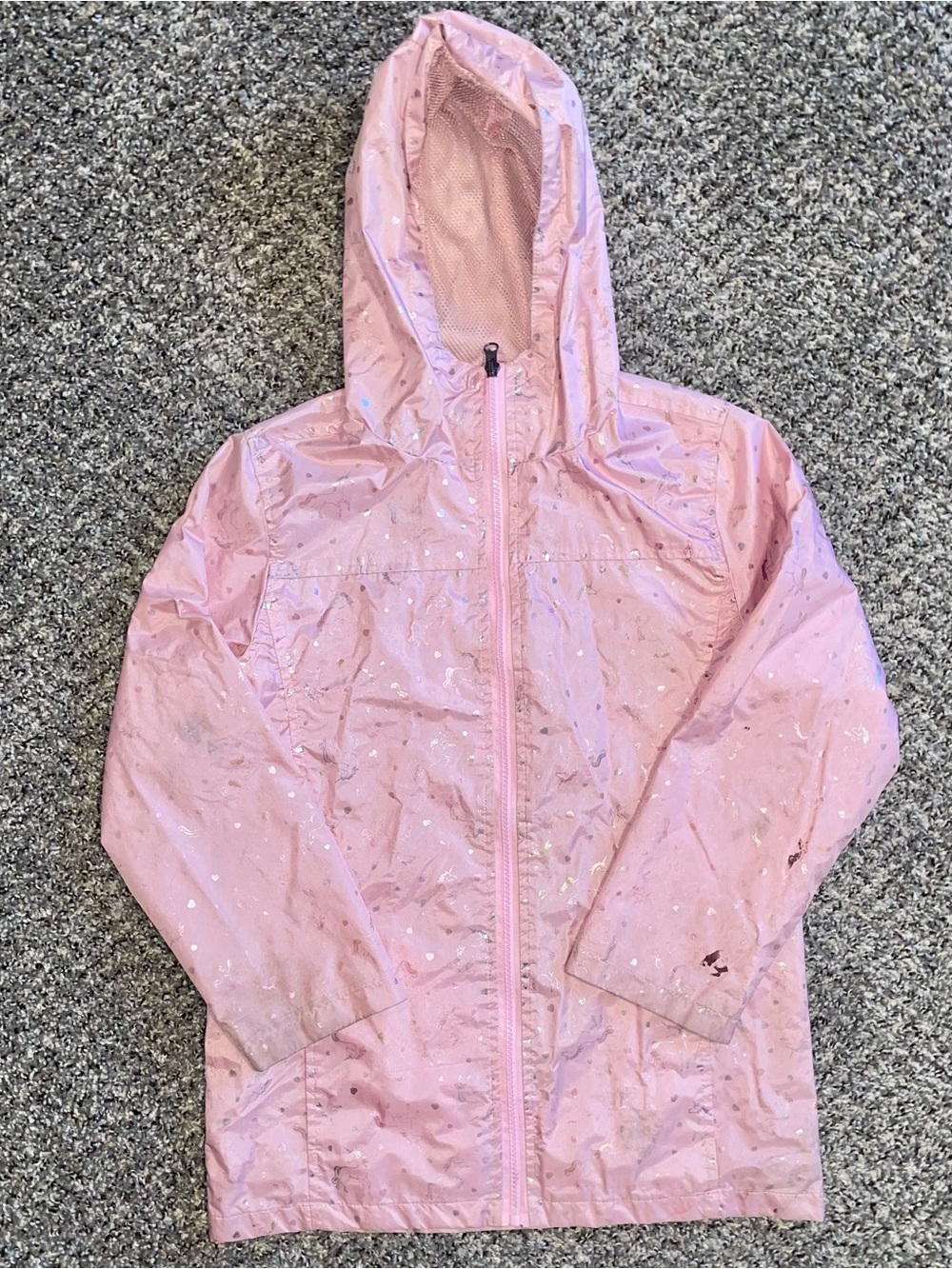 Girls' Lightweight Pink Hooded Rain Jacket with Metallic Fleck Size 10/12